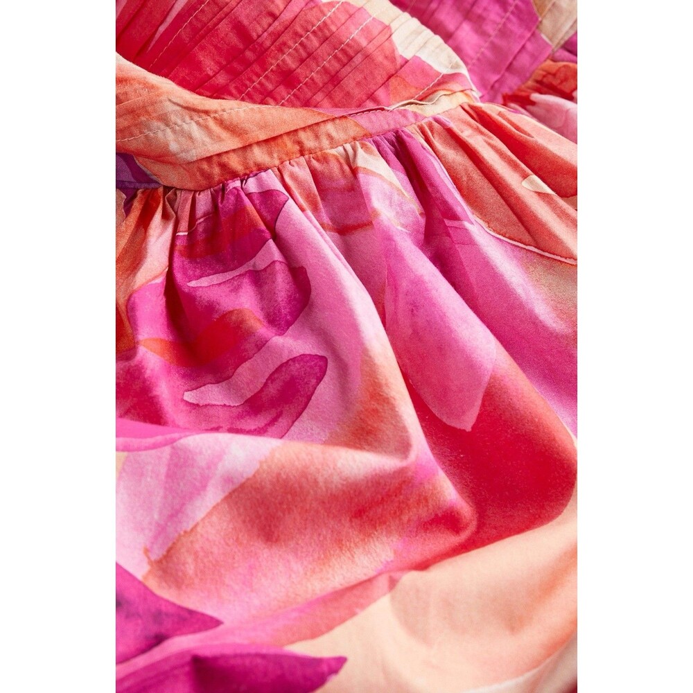 H&M Leaf Print Babydoll Mini Dress Pink Multi 100% Organic Cotton Medium NWT’s - Picture 6 of 16